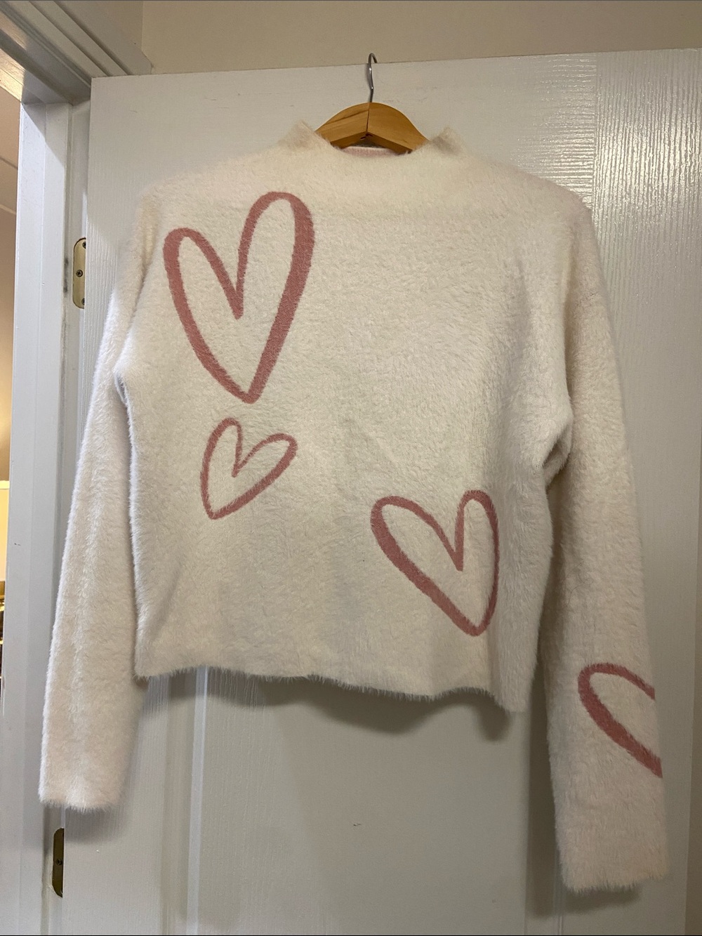 Rachel Zoe Cream Fuzzy Mock Neck Sweater with Pink Heart Accents